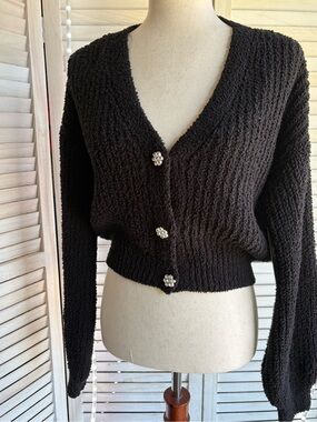 Black Textured V-Neck Cardigan with Rhinestone Flower Buttons